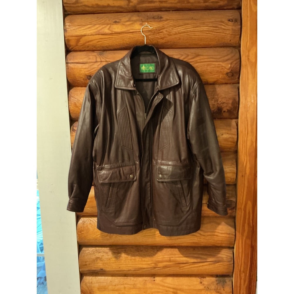 Volcano Mens Brown Leather Field Jacket Zip Front Mid Length Coat L Large